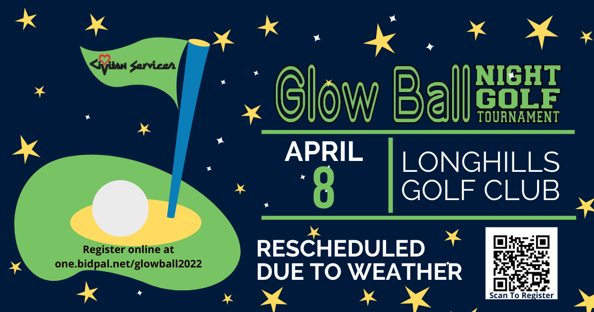 dark blue and neon green golf fundraiser poster reschedule